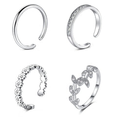 JFORYOU 4Pcs Toe Rings for Women Silver Adjustable Classic Circle Type Cubic Zirconia Band Flower Open Toe Ring Beach Foot Jewelry