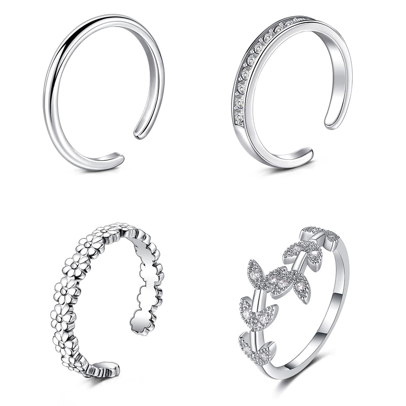 JFORYOU 4Pcs Toe Rings for Women Silver Adjustable Classic Circle Type Cubic Zirconia Band Flower Open Toe Ring Beach Foot Jewelry